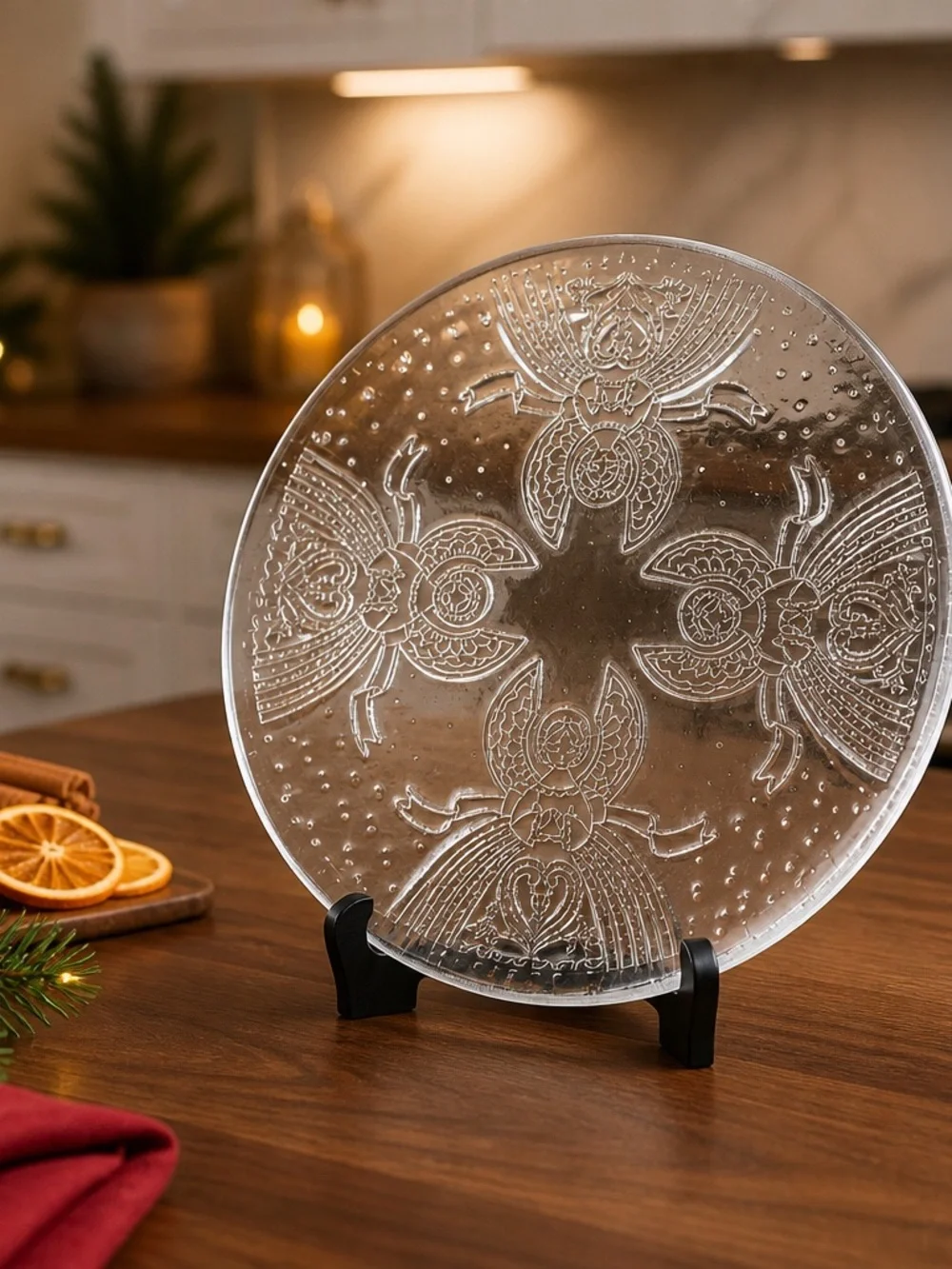 Neiman Marcus Luxury Glass Decorative Plate with Intricate Angel Etched Motifs